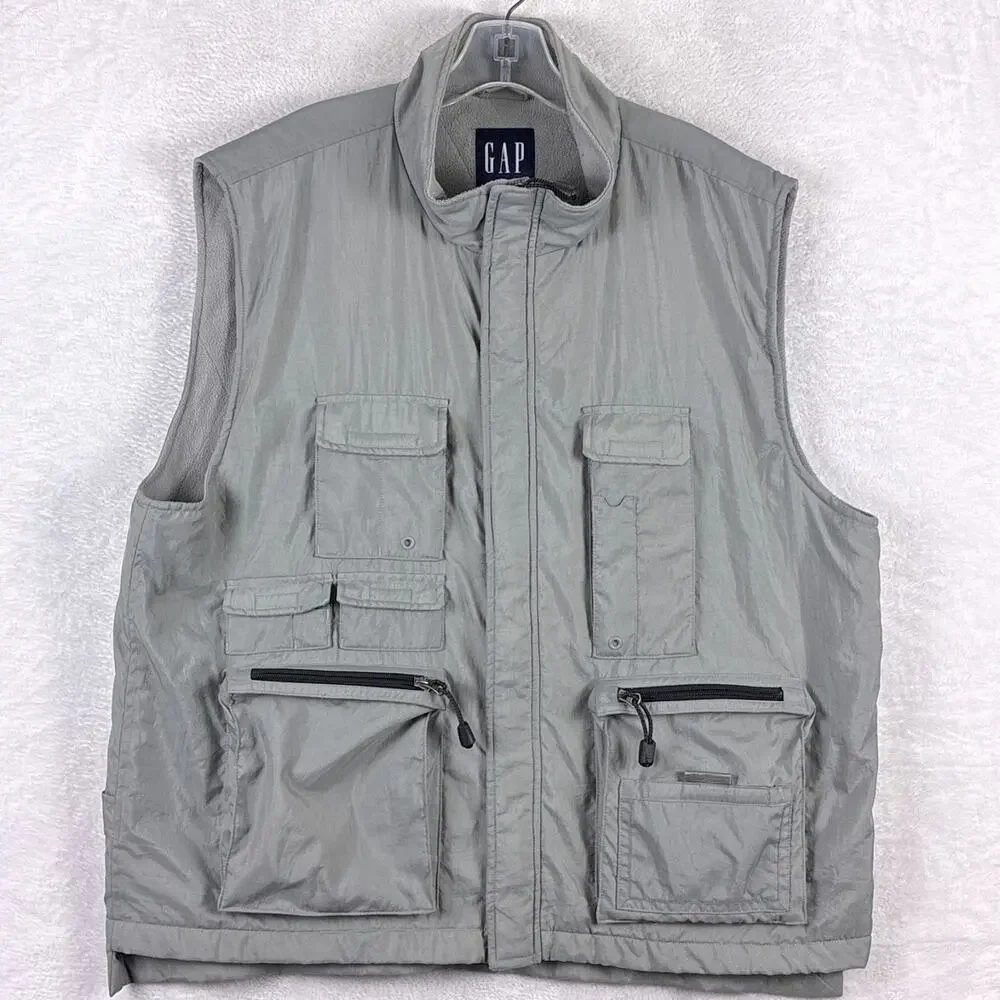 VTG Y2K Gap Cargo Utility Vest Mens XL Gray Nylon Fleece Skate Outdoors Hiking